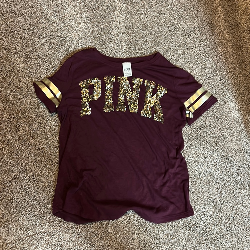 Victoria Secret Pink maroon and gold sequin tee shirt
